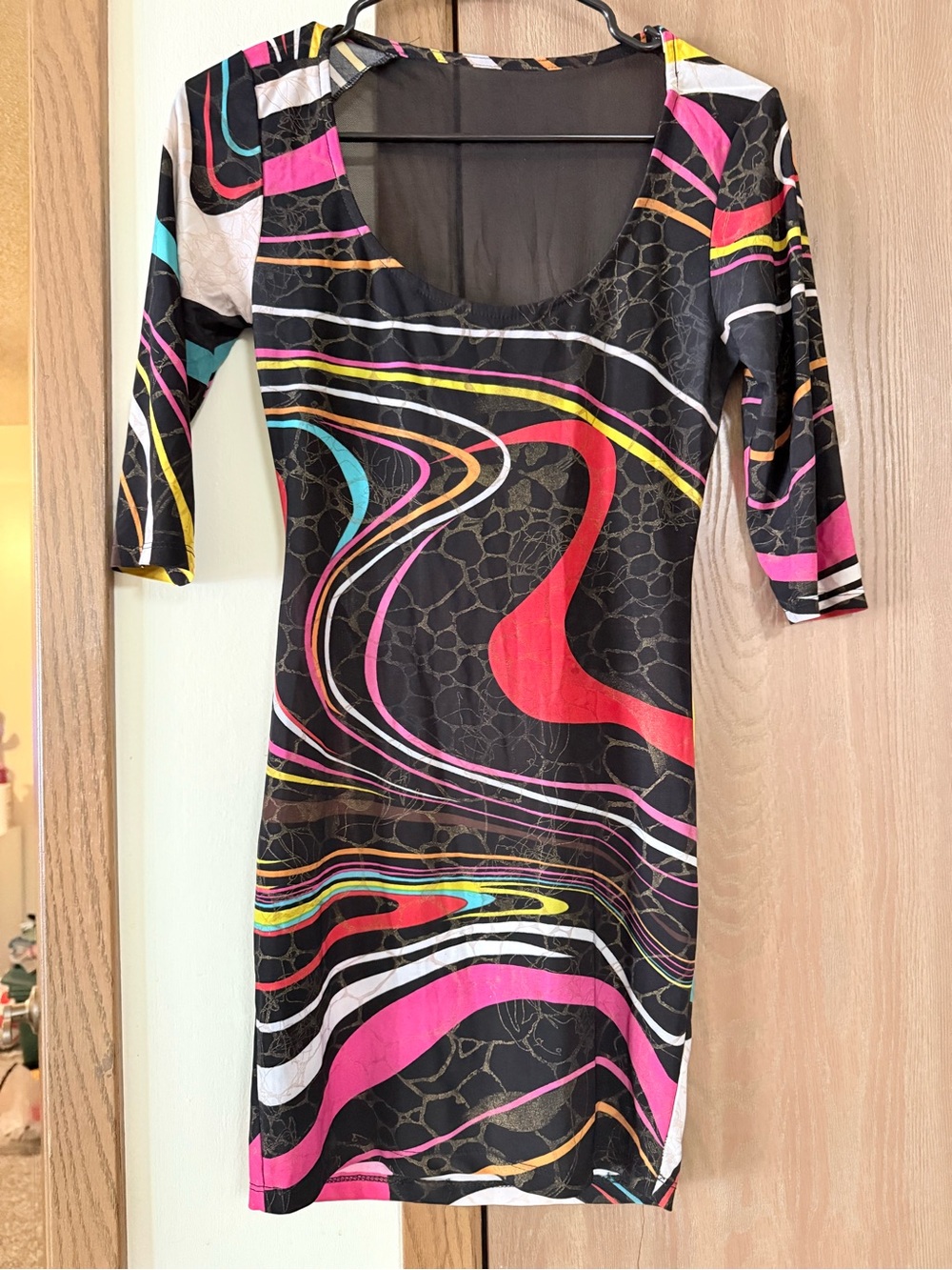 Black Multicolor Abstract Scoop-Neck Mini Dress
